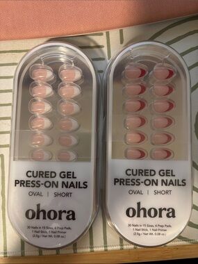 White and Red French Oval Short Cured Gel Press-On Nails - 30 Pack Bundle
